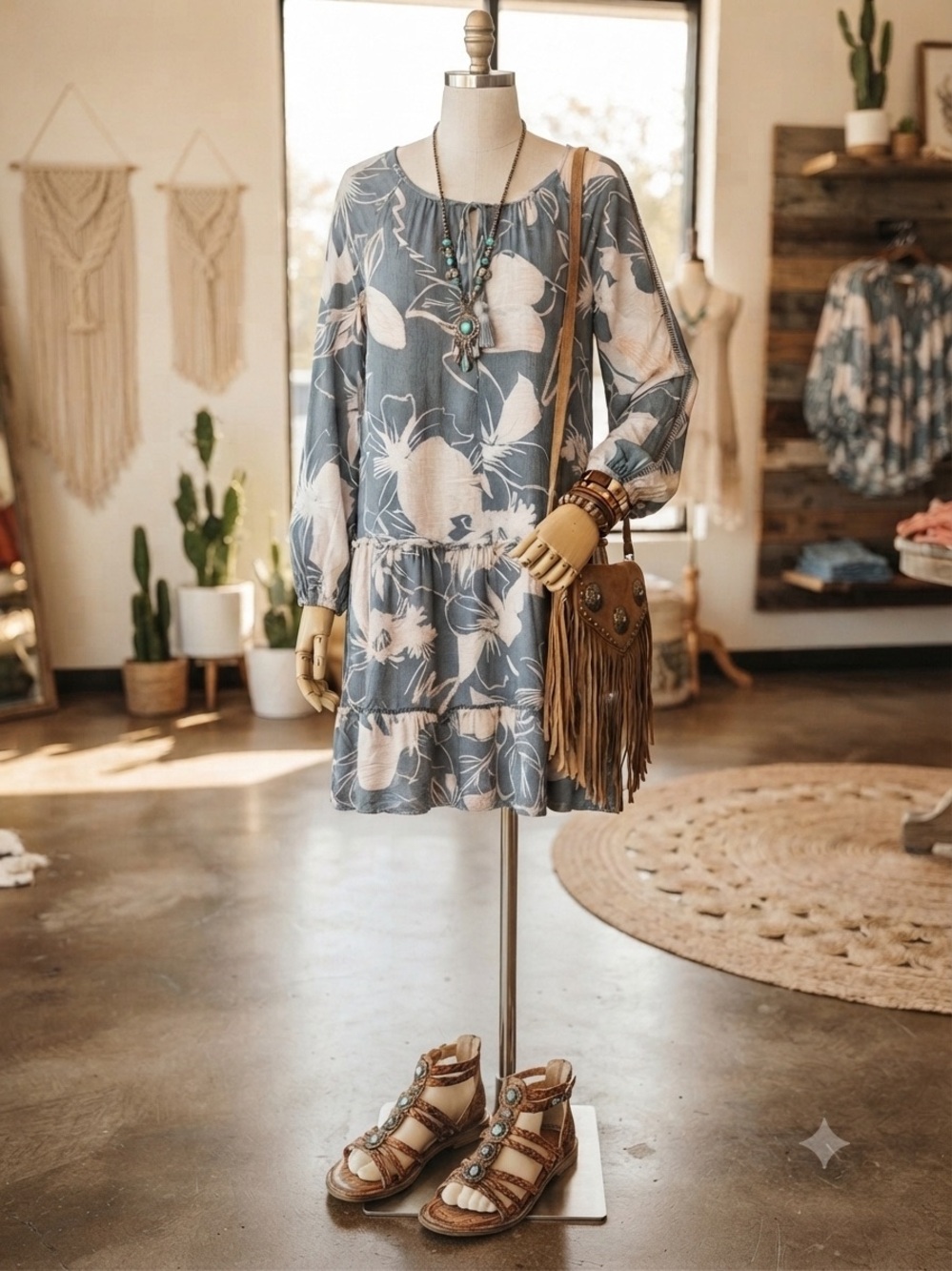 lovestitch Dusty Blue and Cream Floral Long Sleeve Tiered Dress
